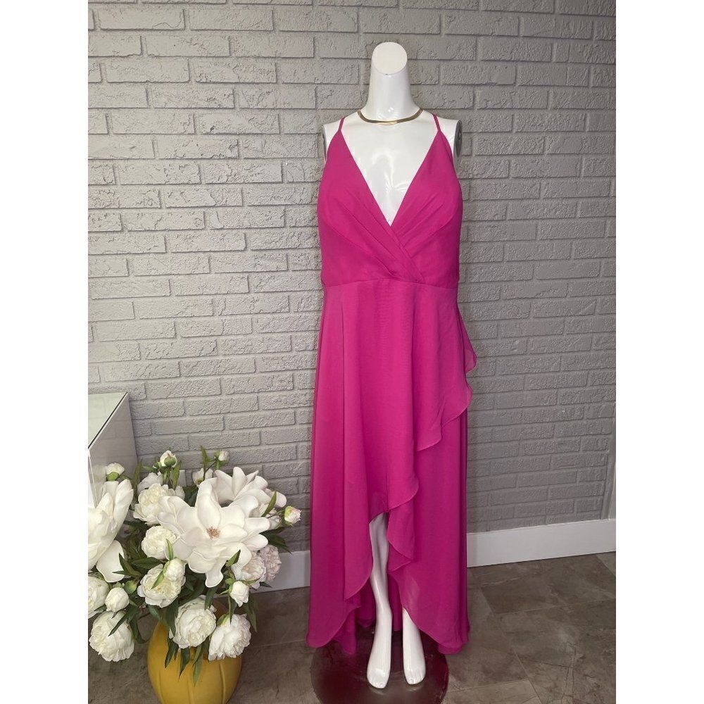 JJ's House Women A-Line V-Neck Asymmetrical Chiffon Cascading Ruffles Dress Size